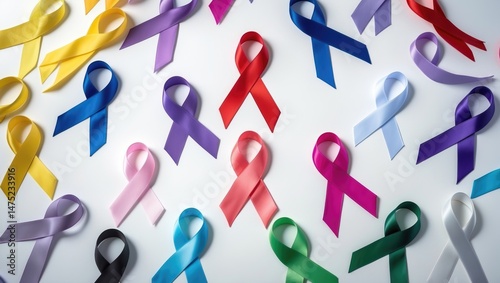 A showcase of multi-colored cancer ribbons worn by survivors, supporters, and patients to promote awareness.