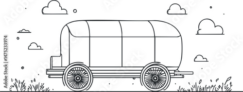 Black and white line art illustration of a covered wagon with wooden wheels in a rural setting with clouds and grass