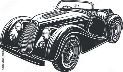 Black and white illustration of a classic vintage convertible car with detailed retro design features
