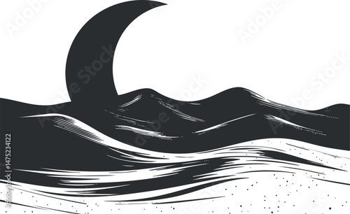 Black and white illustration of a crescent moon over mountainous landscape with artistic shadows and textures