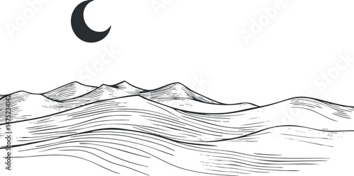Line art illustration of desert dunes under a crescent moon in a minimal black and white landscape
