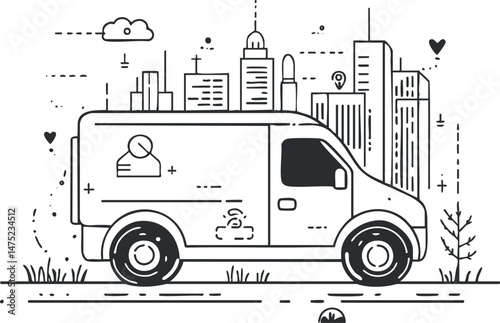 Black and white line art illustration of a delivery van parked on a roadside with city skyline in the background photo
