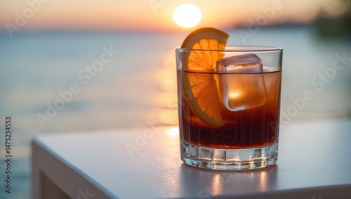 Negroni cocktail accompanied by a sizable ice cube