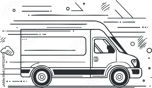 Black and white line art illustration of a delivery van moving fast with motion lines and urban background