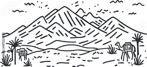 Black and white line drawing of a desert landscape with mountains and camels carrying backpacks