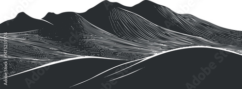 Black and white abstract illustration of mountain landscape with hills and ridges in natural outdoor scenery