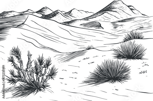 Black and white line drawing of a desert landscape with sand dunes, cactus plants, and distant mountains.