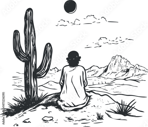 Person sitting in a desert landscape with cactus and mountains under a sunny sky