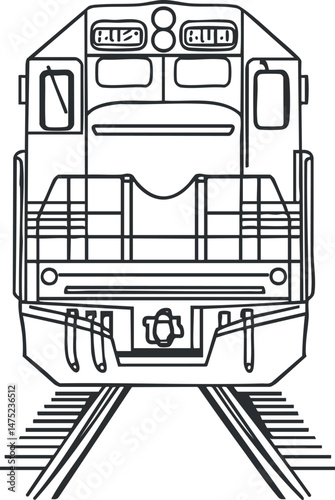 Black and white outline drawing of a train locomotive viewed from the front on railway tracks