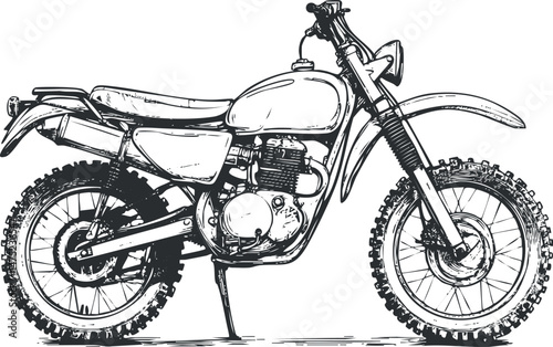 Black and white sketch of a vintage offroad dirt bike motorcycle side view with knobby tires and detailed engine