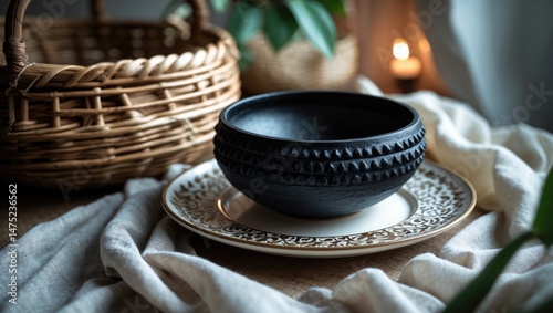 Textured black ceramic dish, white ceramic dish with motif border set against fabric and plant backdrop