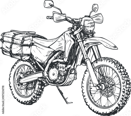 Black and white illustration of an off-road motorcycle with knobby tires and luggage bags for adventure travel.