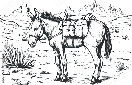 Black and white illustration of a donkey with saddle bags standing in a desert landscape with rocky mountains in the background