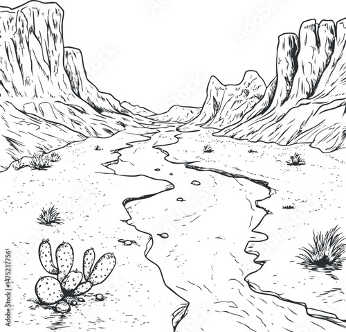 Black and white illustration of a dry desert canyon landscape with a riverbed and rocky cliffs.