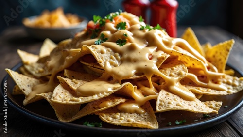 Homemade nachos with melted cheddar cheese and cheese sauce