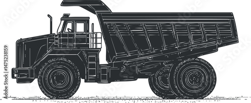Side view illustration of a large heavy dump truck used in construction and mining industries for transporting materials