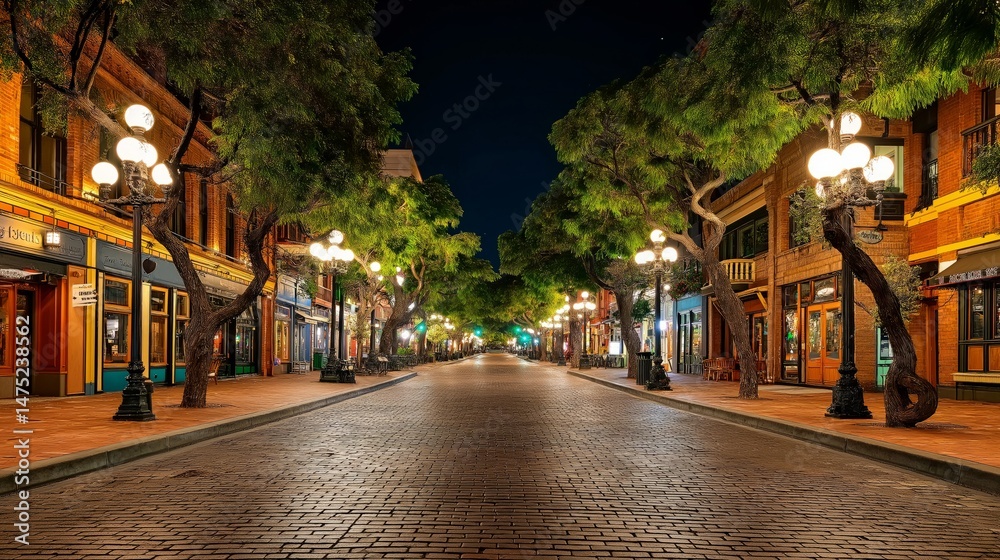Fototapeta premium Urban Serenity: A picturesque street scene at night, with illuminated buildings, tree-lined pathways, and glowing streetlights, creating a captivating ambiance.