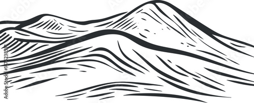 Black and white sketch illustration of mountain landscape with hills and ridges