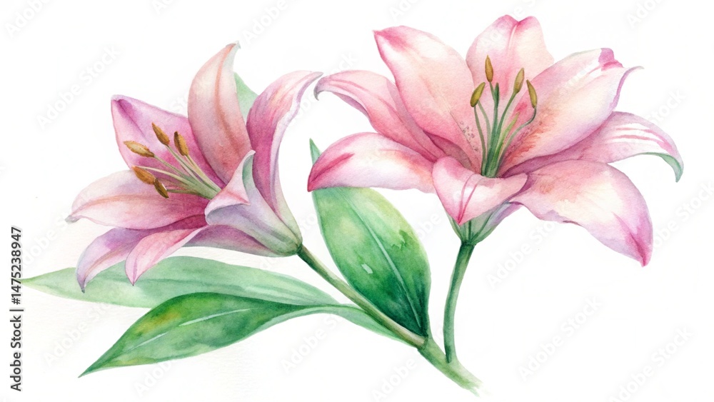 Fototapeta premium Beautiful bouquet of pink lilies isolated on white background with delicate petals and fresh blossoms in full bloom