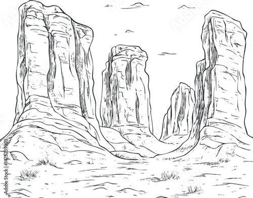 Black and white sketch of a desert landscape featuring tall rock formations and cliffs under a clear sky.