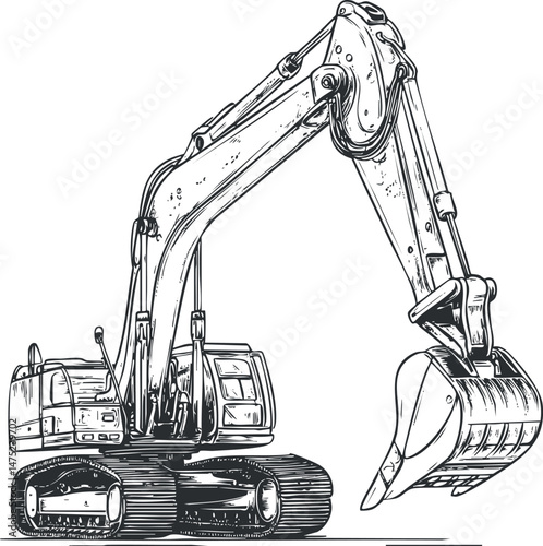 Black and white illustration of a tracked excavator with hydraulic arm and bucket used in construction