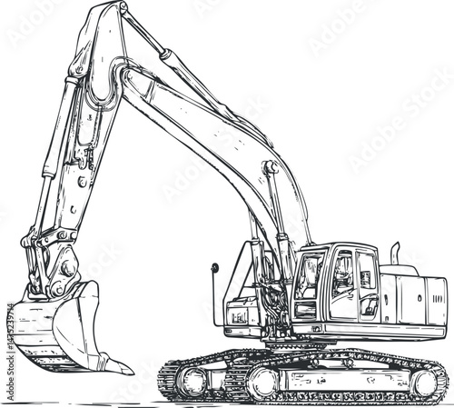 Detailed black and white sketch of a tracked excavator used in construction and earthmoving projects
