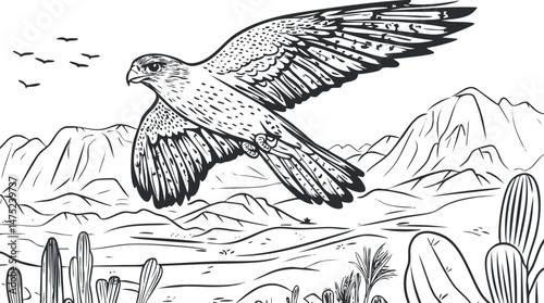 Black and white line drawing of a hawk flying over a desert landscape with mountains and cacti.