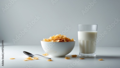 bowl filled with cereal and a glass of milk on an uncluttered background