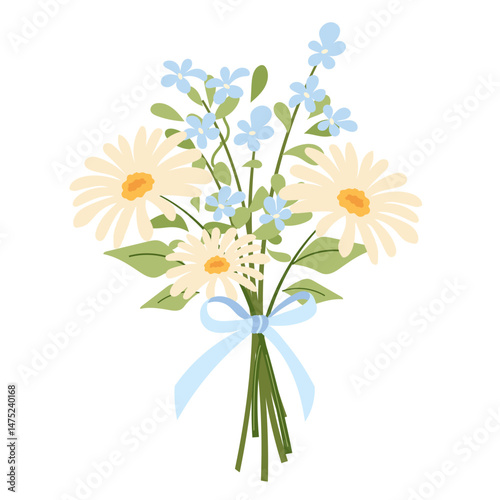 Hand drawn wildflower bouquet. Vector pastel composition with large daisies and forget-me-nots, tied with blue ribbon. Decorative botanical element for cards, packaging, eco and rustic design projects
