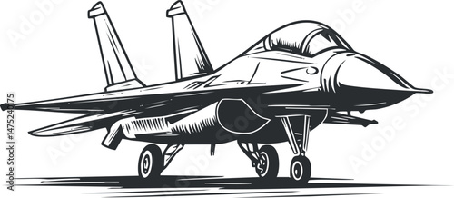Black and white illustration of a military fighter jet airplane with landing gear deployed on white background.
