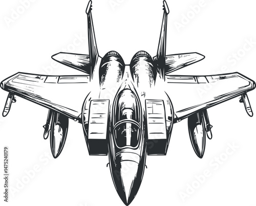 Front view detailed black and white illustration of a modern military fighter jet aircraft ready for combat