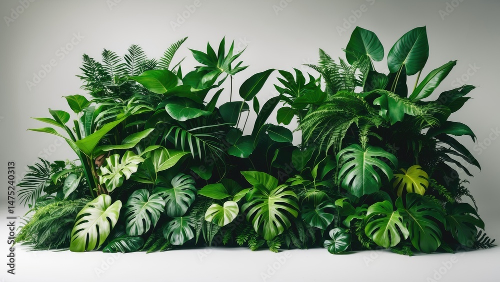 Obraz premium Green tropical plant and floral bush arrangement on white background