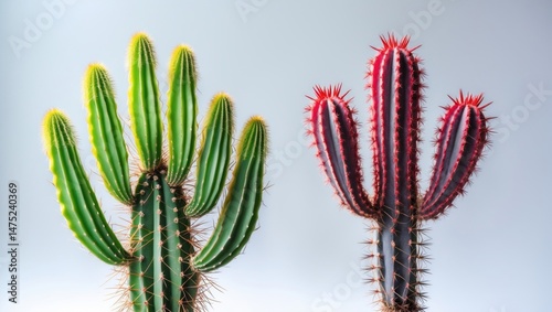 Green Euphorbia lactea and red Euphorbia trigona rubra, cactus-shaped plants with sharp spines, set against a white background photo