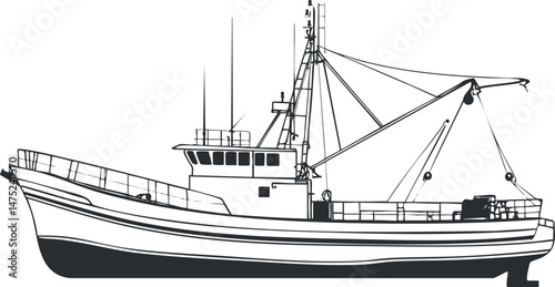 Black and white side view illustration of a fishing boat with detailed fishing equipment and cabin
