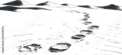 Black and white illustration of footprints in desert sand leading towards distant dunes under clear sky.