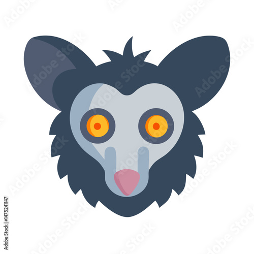 Stylized aye-aye face portrait with flat design and bright eyes