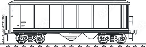 Black and white line drawing of a freight railcar on tracks used for transporting goods by train