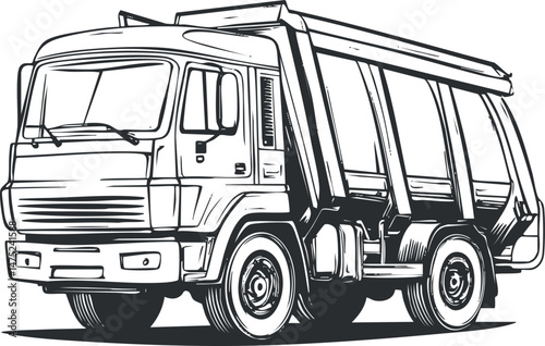 Black and white illustration of a dump truck used for construction and heavy cargo transportation.