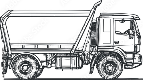 Detailed black and white sketch of a dump truck used for construction and heavy cargo transport.