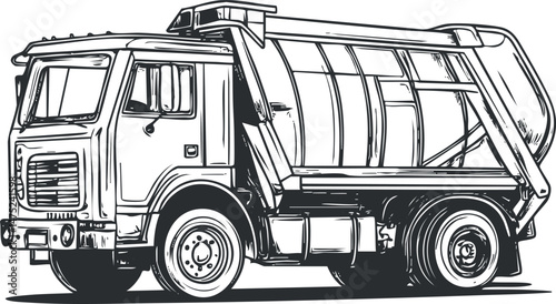 Black and white illustration of a garbage truck used for waste collection and sanitation services