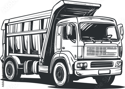 Black and white illustration of a dump truck used for construction and heavy cargo transport