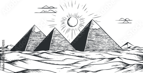 Black and white sketch of ancient Egyptian pyramids in desert with sun and sand dunes