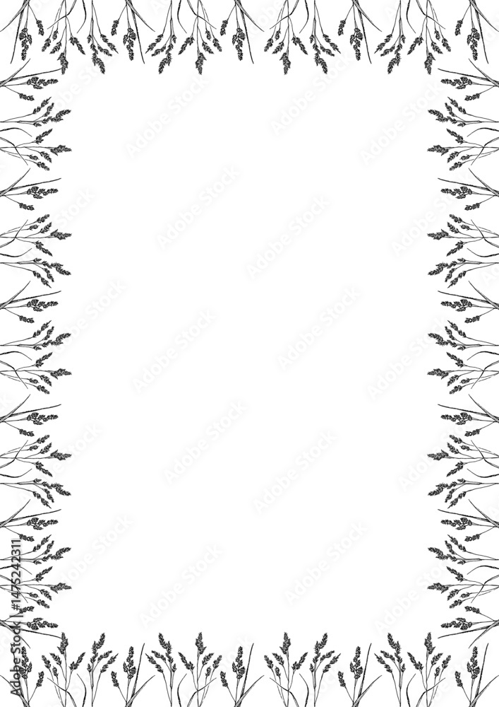 Obraz premium Flourish frame with monochrome elements. Trendy botany graphic template. Grass empty frame box.