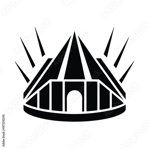 Black and white illustration of a stylized church building icon suitable for minimalist design and creative applications.