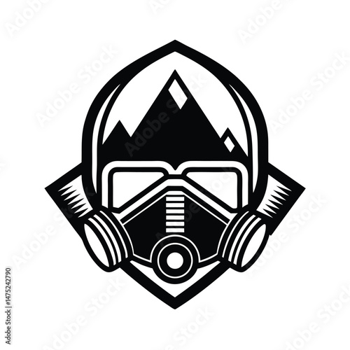 Geometric black and white illustration of a protective gas mask and mountain silhouette for environmental protection