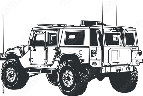 Black and white illustration of a rugged offroad SUV vehicle suitable for all terrain adventures and exploration.