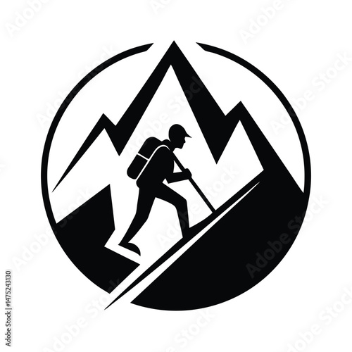 Silhouette of a hiker ascending a mountain peak within a circle logo for adventure and outdoor recreation