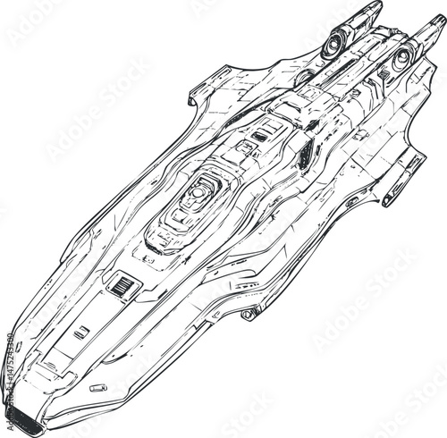 Detailed black and white line drawing of a futuristic sci-fi spaceship or starship in space exploration design.