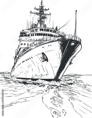 Black and white sketch of a large ship moving through water with visible waves and detailed deck structure