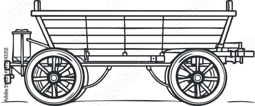 Black and white line drawing of a vintage wooden farm wagon with large spoked wheels for transporting goods.